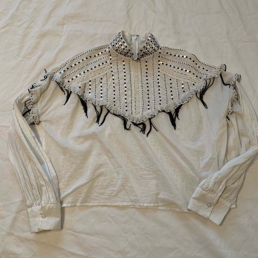 Topshop beaded fringe long sleeve white shirt